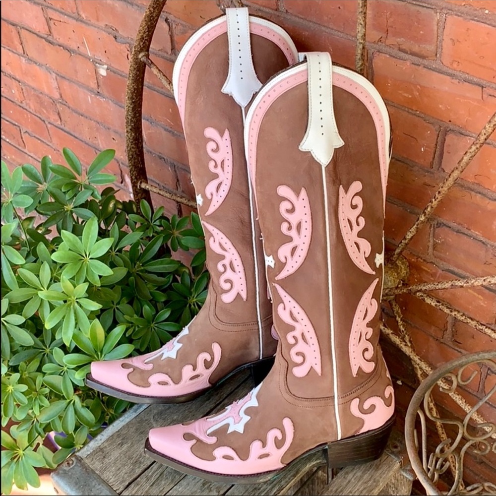 LANE Grace Cross Tall Brown Pink White Leather Cowboy Western Boots, Size 7.5 - Picture 5 of 13
